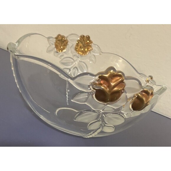 Vintage Mikasa Gilded Rose Gold Accented Frosted Leaf Crystal Clear  fruit Bowl - Picture 3 of 16